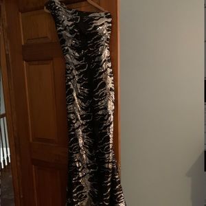 black and silver sequin gown